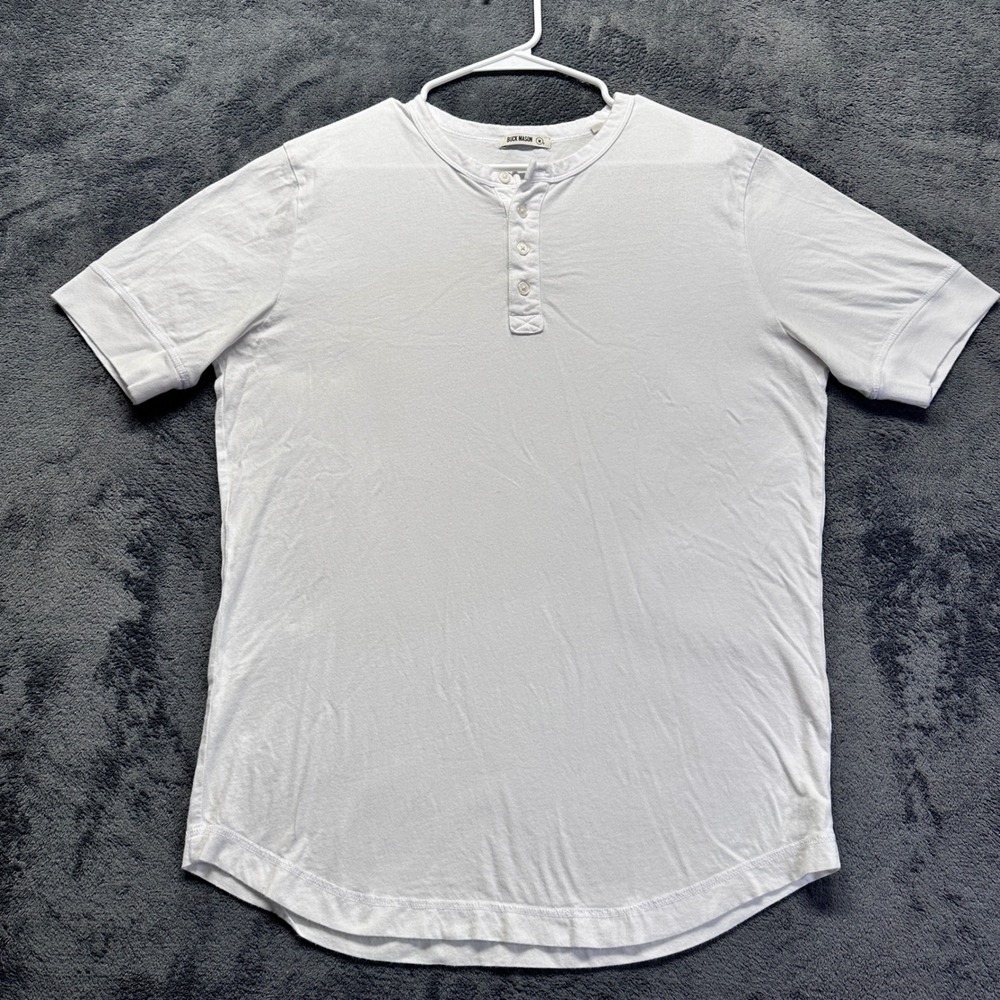 Buck Mason Henley Shirt Mens Size M White Short Sleeve Curved Hem Cotton Blend